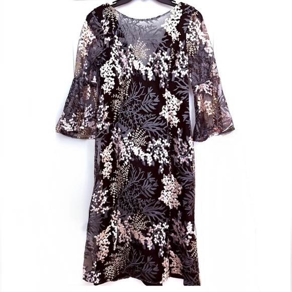 Badgley Mischka Multi Color Embroidered Net Overlay Cocktail Midi Dress Size 2 - Picture 3 of 12